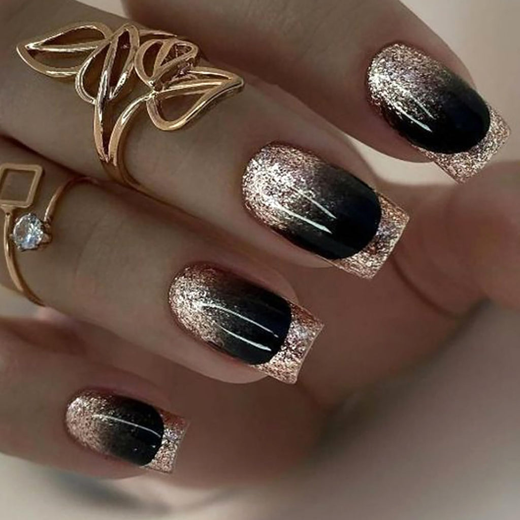 Press on Nails Medium Black Gold French False Nails Square Nails Full Cover Glossy Reusable Coffin Nails Artificial Acrylic Nails Natural Fit Fake Nails Glue on Nails for Women 24Pcs