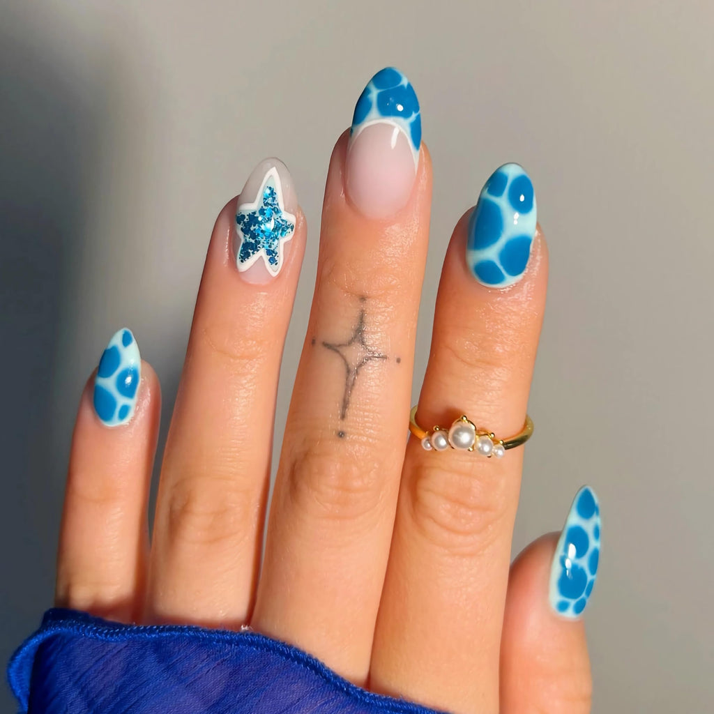 BABALAL Blue Nails Press on Almond Medium Fake Nails Star Bling Glue on Nails French Tip Acrylic Nails 24Pcs Stiletto Stick on Nails Manicure False Nails