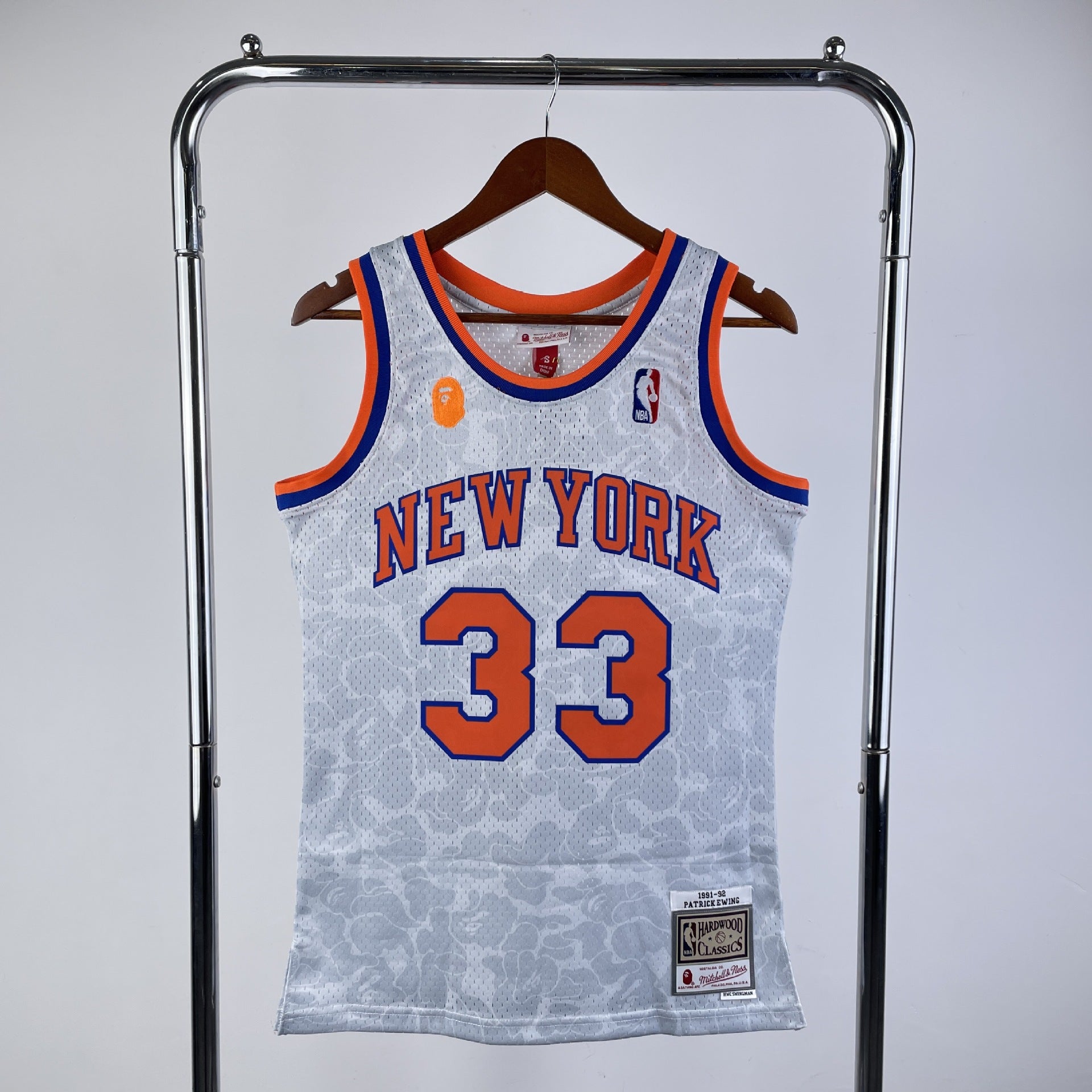 BAPE×M&N Knicks 33 Jersey: White and Blue Tank Top