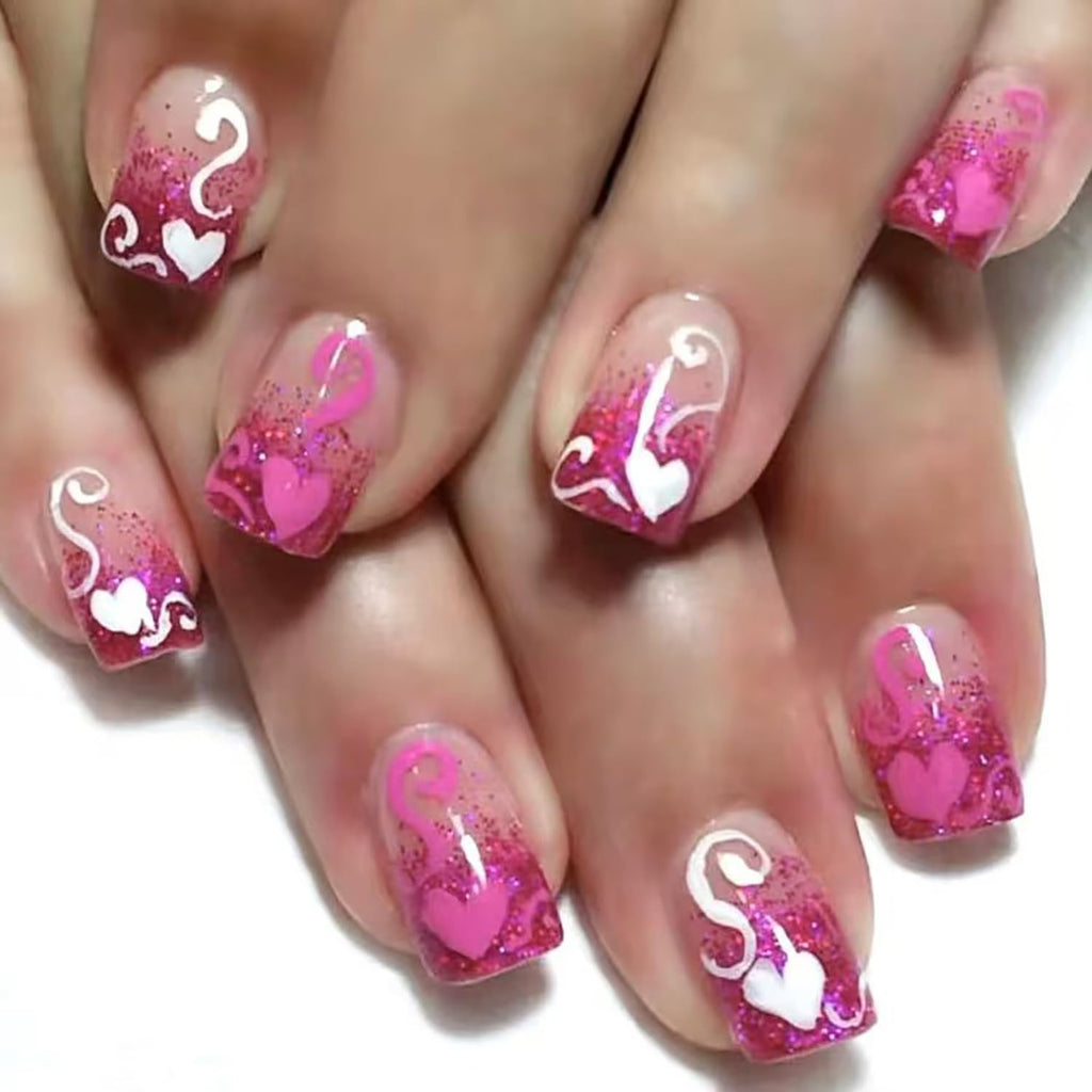 Valentines Fake Nails Square Press On Nails Short Heart Nails Press Ons Pink Heart False Nails Designs Acrylic Glue On Nails Glossy Glitter Nails Full Cover Stick On Nails For Women