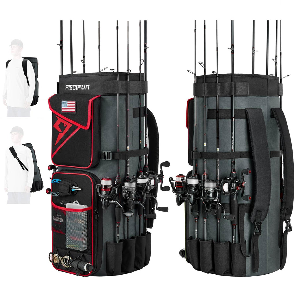 Piscifun Fishing Rod Bag Holds 8 Rods & Reels 70L Large Storage Fishing Rod Case Foldable Fishing Pole Bag for Carrying Fishing Gear and Equipment Portable Fishing Rod Storage Bag Red